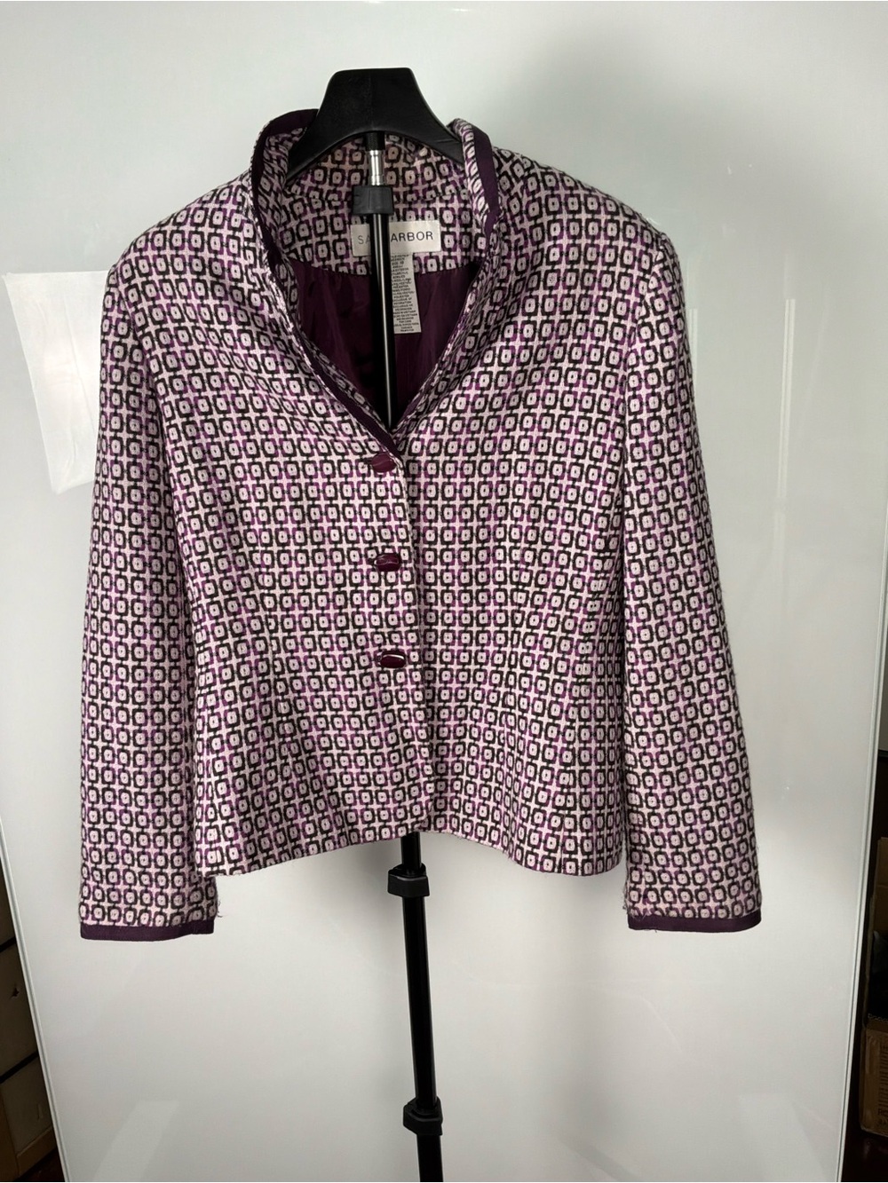 Sag Harbor Women’s Wool Blend Geometric Blazer Purple/Cream , Vintage Style
